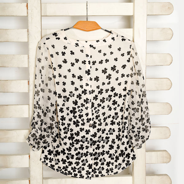 Off White & Black Floral Print Casual Top