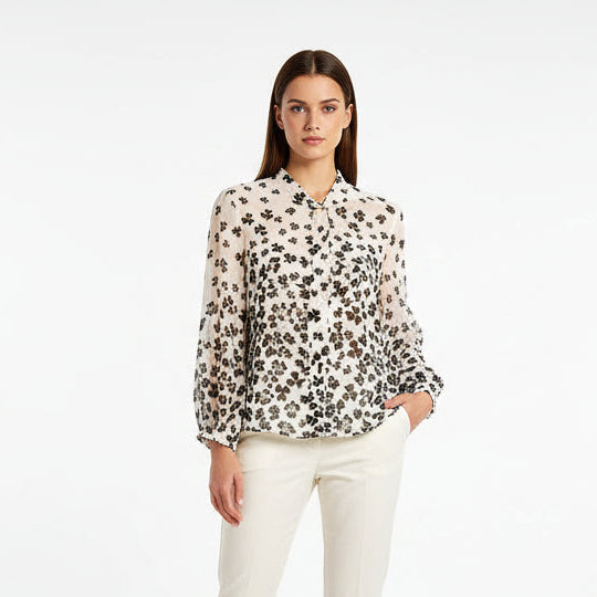 Off White & Black Floral Print Casual Top