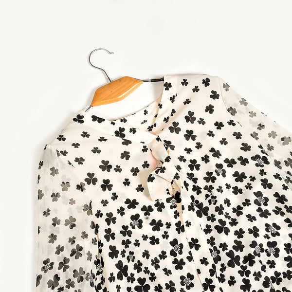 Off White & Black Floral Print Casual Top